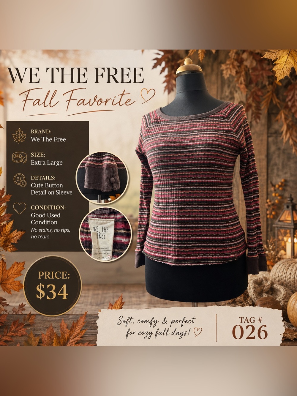 We The Free Striped Scoop Neck Sweater — Burgundy, Gray